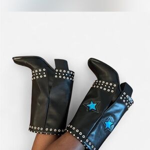 Black Studded Boots with Blue Star Accents